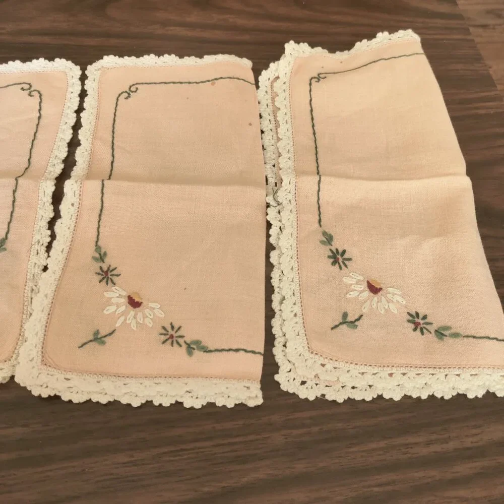 Embroidered Tea Napkins 4, Daisy, Greens & Red Stitching Handmade Vintage